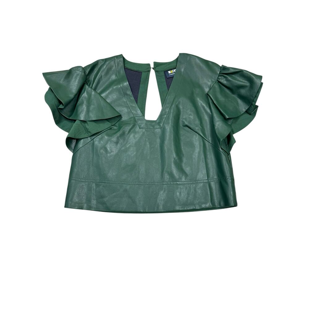 Maeve Green Faux Leather Cropped Top XXS Ruffle Sleeve V-Neck Edgy NWT